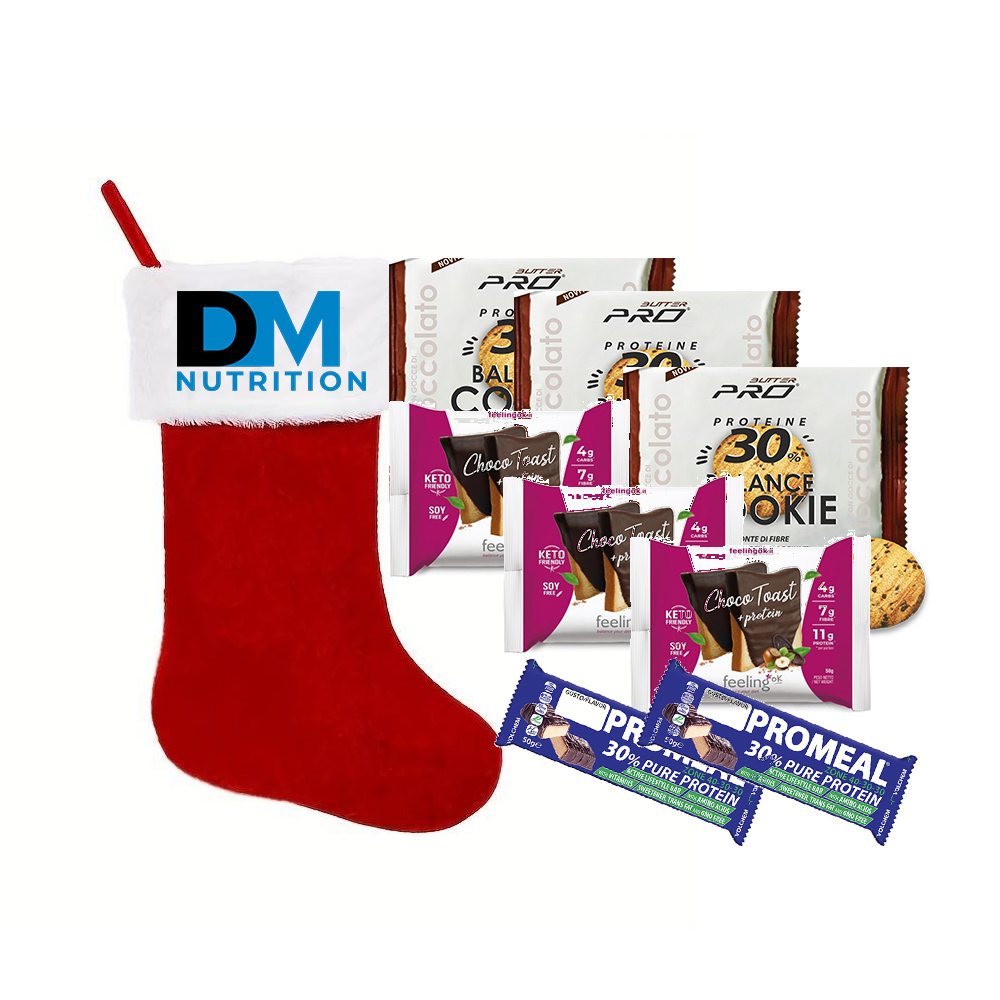 Calza befana fitness con biscottoni e barrette proteiche